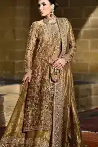 Bronze Gold Long Shirt Farshi Lehenga. Mixed Metal Embroidery: Close-up of the silver and golden (Boski) embroidery work, featuring Swarovski crystals, pearls, and Dabka.