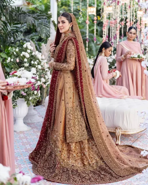 Copper Long Shirt Farshi Lehenga Maroon Dupatta is a remarkable choice for Nikah event.