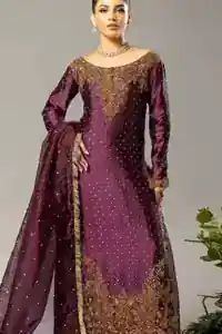 Full Sleeve Embellishment: Focus on the full sleeves of the plum long shirt, adorned with a light sequins spray and golden-thread motifs.