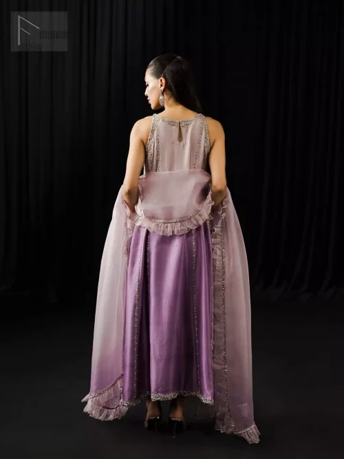 Elegant lavender A-line shirt with mauve tones, antique gold embroidery, and matching silk trousers.