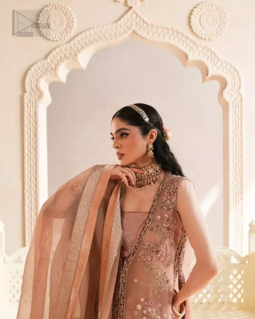 Peach Pink Front Open Jacket Sharara Dupatta