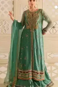 Front view of sea green raw silk front-open shirt and crushed sharara for mehndi events.