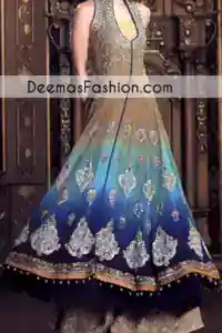 Anarkali  Front open pure crinkle chiffon Anarkali frock having U shape embroidered neckline. A beautiful embroidered border has been implemented on the hemline on the front and back. Large embroidered ornamental motifs have been implemented before the hemline on the front. Different sizes of motifs have scattered on the front and back. The hemline has been finished with double piping and tilla balls lace on the front and back.