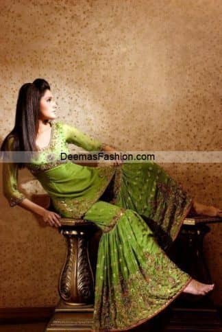 Pakistani Designer Wear Bridal Dress - Green Gharara