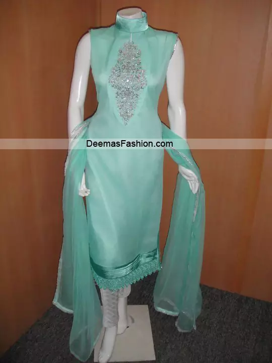 Pakistani Casual Dress - Ferozi Green Silver
