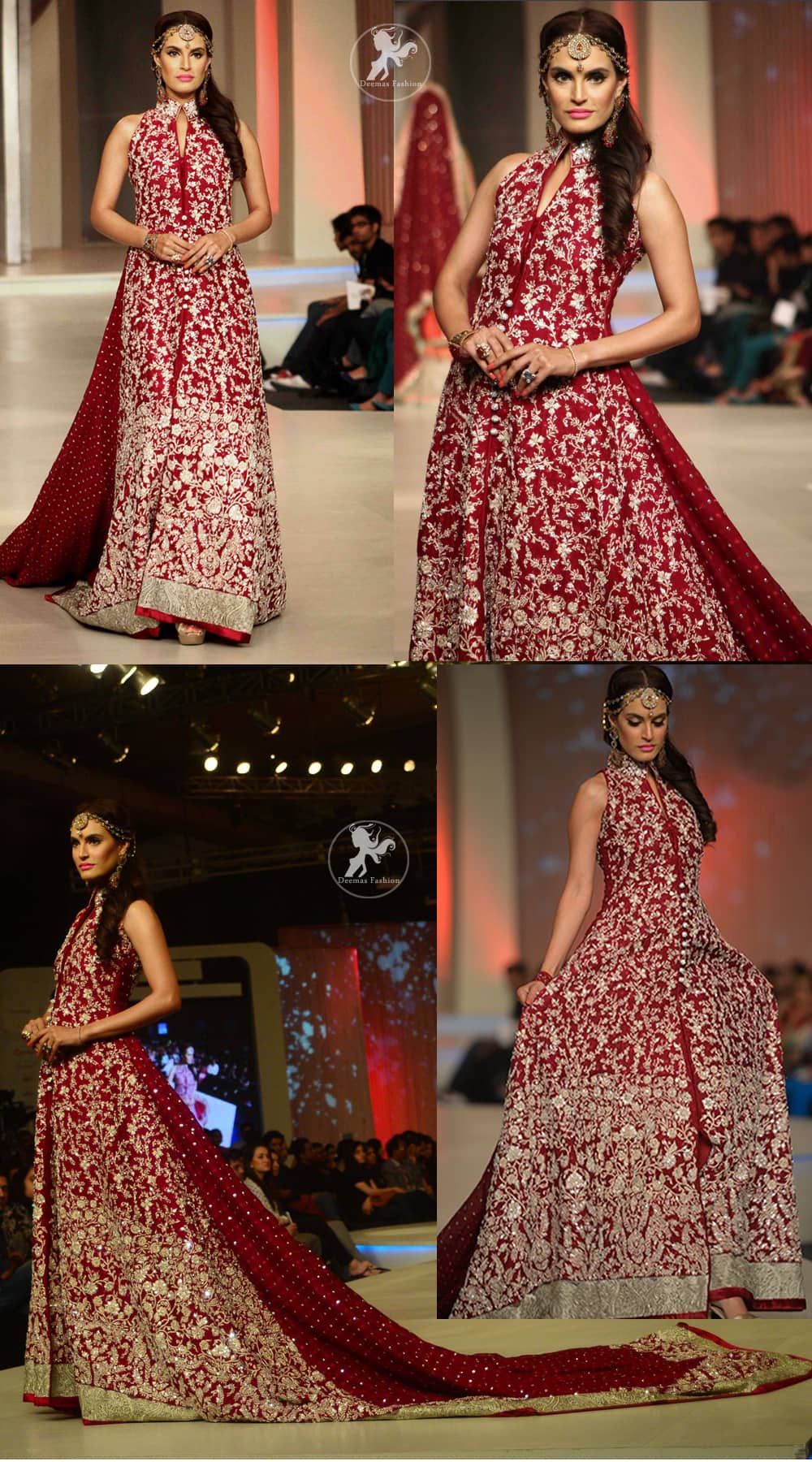 Deep red fully embellished bridal front open back trail gown
