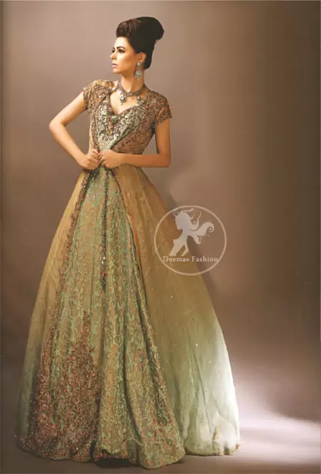 Latest Pakistani Fawn Gown with Pistachio Green Maxi