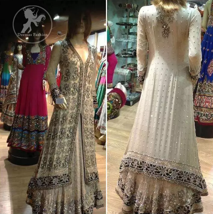 Ivory White Front Open Fully Embellished Back Trail Gown and Lehnga