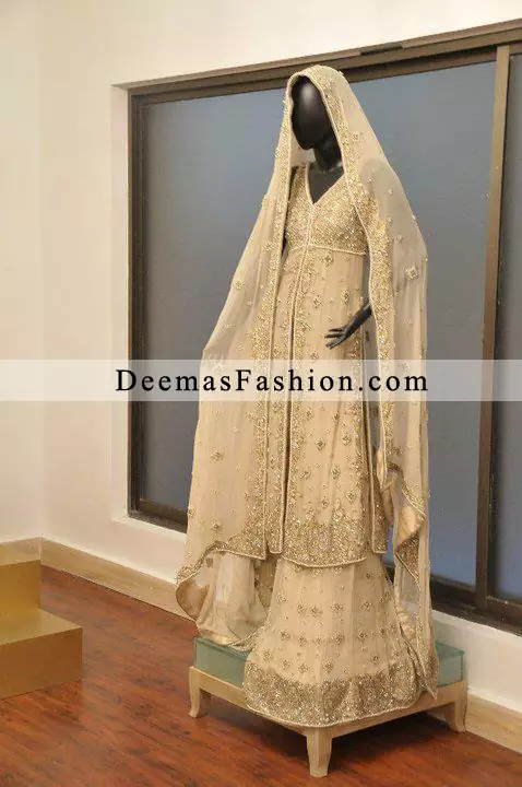 Latest Pakistani Bridal Wear Collection Off White Sharara Open Shirt Gown