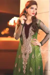 Latest South Asian Mehndi Wear Bottle Green Frock With Embellished Long Neckline