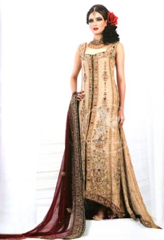 Light Peach Heavy Embroidered Front Open Back Trail Gown Deep Red Dupatta