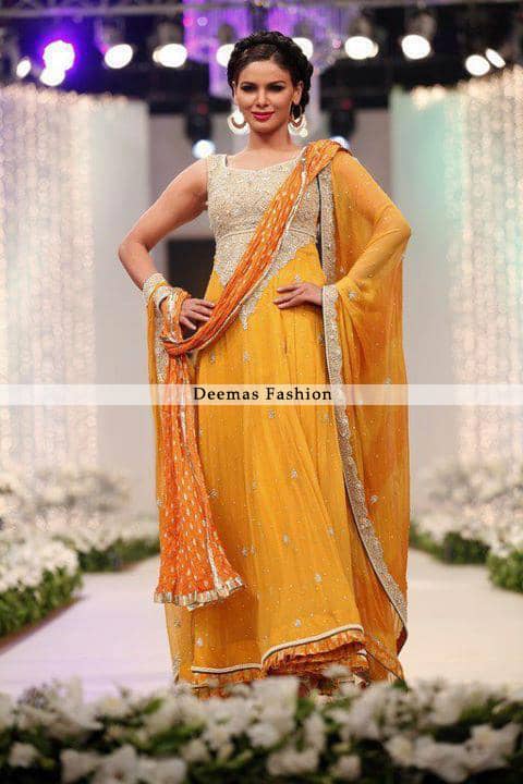 Mendi Wear Golden Yellow Anarkali Frock Churidar Dress