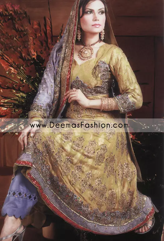 Pakistani Bridal Designer Dress - Golden Blue Anarkali Dress
