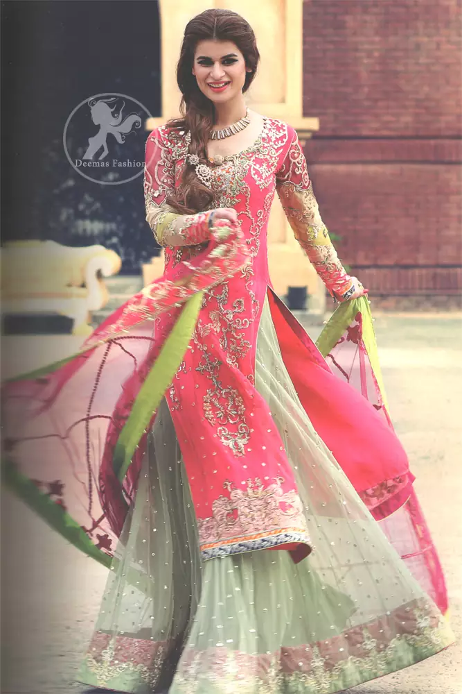 Shocking Pink Embroidered Shirt with Light Green Lehengha for Mehndi Function