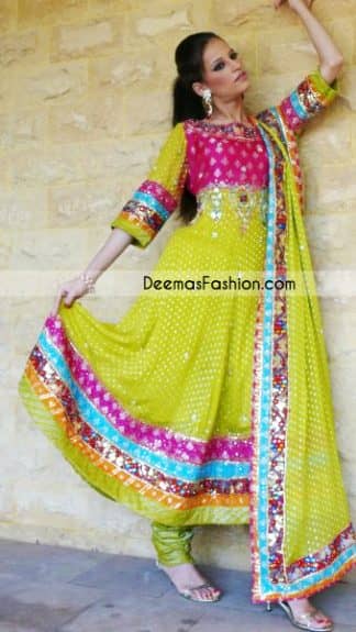Tradition Pakistani Dress - Green Anarkali Style Frock Churidar