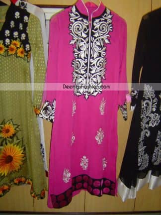 Latest Pakistani Embroidered Collection - Shocking Pink Casual Dress