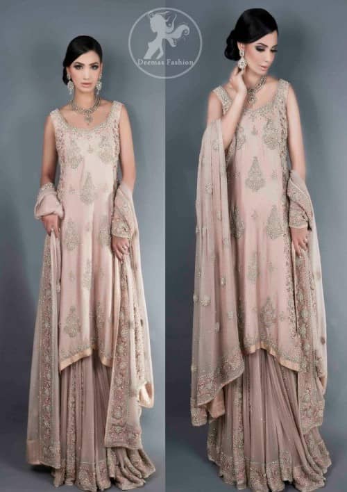 Fawnish Pink Bridal Lehnga with A-line Shirt and Embellished Dupatta