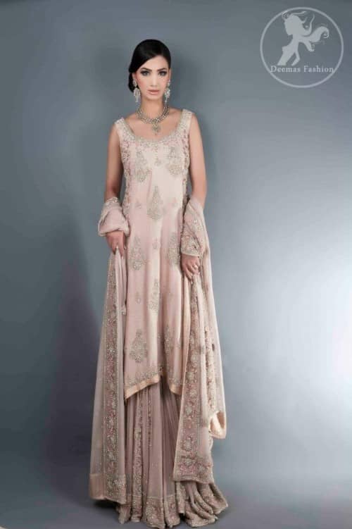 Fawnish Pink Bridal Lehnga with A-line Shirt and Embellished Dupatta