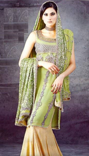 Pakistani Bridal Fashion Green Yellow Sharara