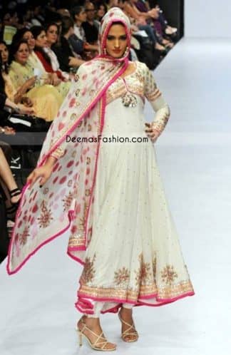 Latest Pakistani Designer Wear - White Pink Pishwas Dress