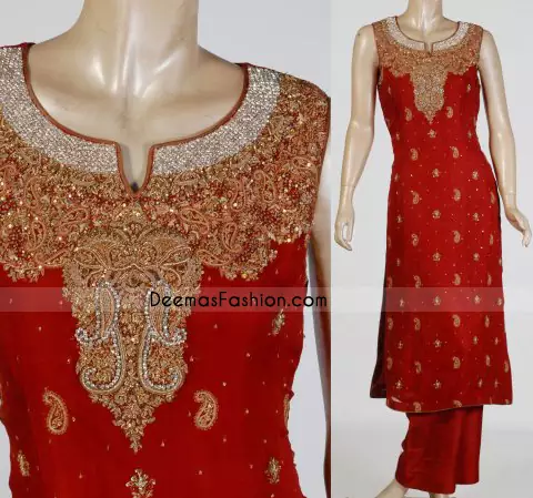 Red Katan silk shirt having floral embroidery on neckline. sequins and paisleys motifs all over. Piping edges finished.