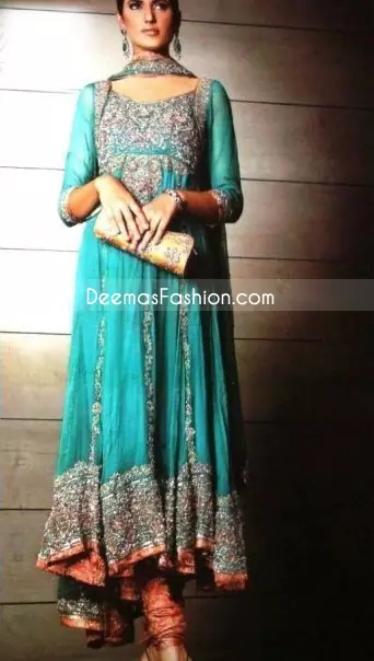 Rust Seagreen Kali Style Heavy Embroidered Border Pure Chiffon Frock