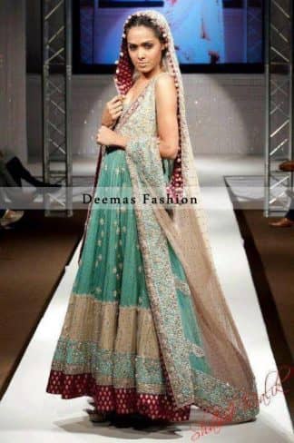 Sea Green Light Brown Bridal Wear Anarkali Pishwas