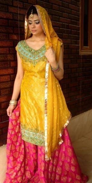 Latest Pakistani Shocking Pink Yellow Bridal Wear Sharara