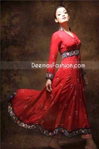Simple Red Embroidered Belt & Border Pure Chiffon Frock