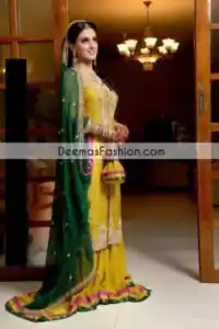 Yellow Bottle Green Bridal Mehndi Wear Sharara